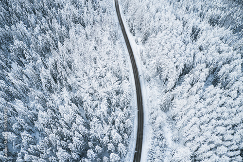 Beautiful winter forest and road. Aerial view