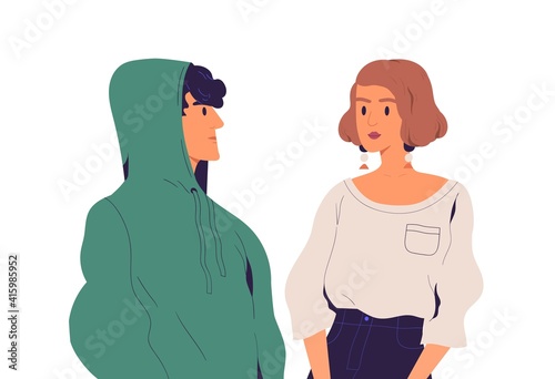 Tension and negative relations between unfriendly people. Couple with tensed serious faces. Misunderstanding between man and woman. Colored flat vector illustration isolated on white background