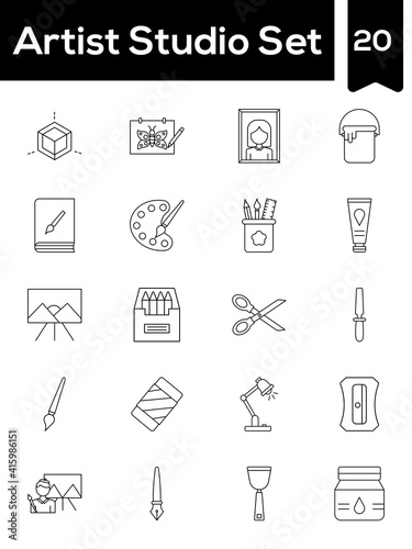 Black Line Art Set of Artist Studia Icon In Flat Style.