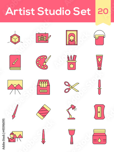 Red And Yellow Color Set of Artist Studia Icon In Flat Style.