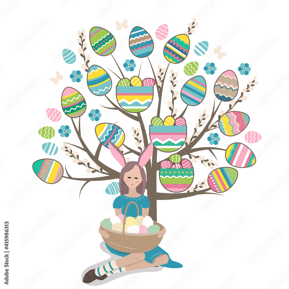 Young girl sitting near stylized fancy tree. Festive spring illustration can be used for Easter design templates.