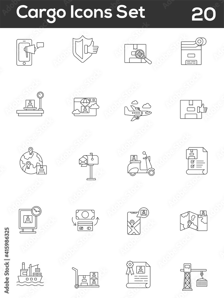Stroke Style Cargo Icons Set On White Background. Stroke Style Cargo Icons Set On White Background.