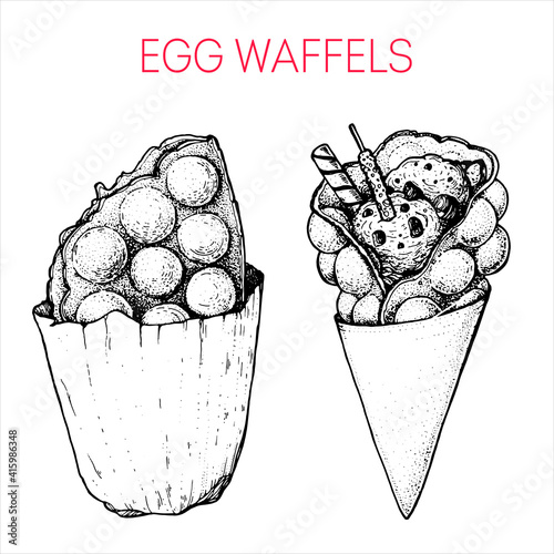 Egg waffels. Hong kong street food. Vintage hand drawn sketch. Chinese food. Vector illustration.