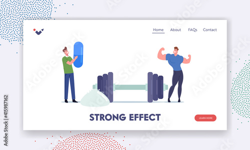 Sportive Nutrition, Strong Effect Landing Page Template. Sportsman Character in Gym Demonstrate Muscles at Barbell