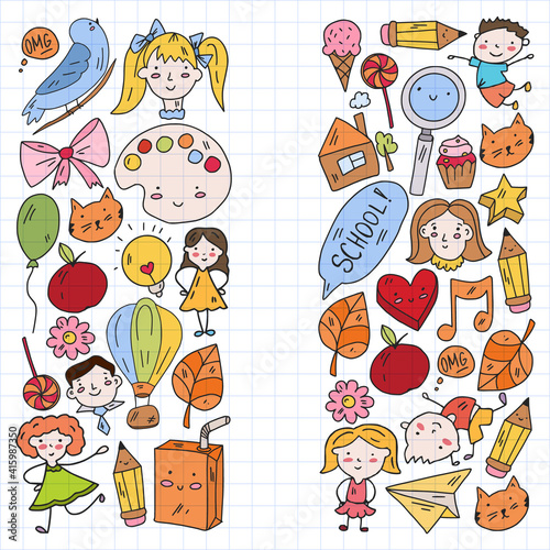 Vector pattern with items for school. Online internet education  e-learning.