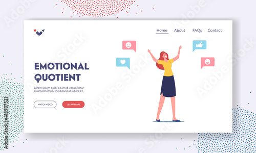 Emotional Intelligence Quotient Landing Page Template. Empathy, Cheerful Female Character Positive Friendly Behavior