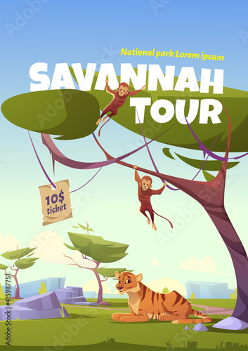 Savannah tour cartoon poster, invitation in national park with wild animals. Tiger and monkey jungle inhabitants in zoo or safari outdoor area. Beasts life in fauna vector flyer with ticket price