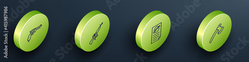 Set Isometric line Revolver gun, M16A1 rifle, Firearms license certificate and Wooden axe icon. Vector.