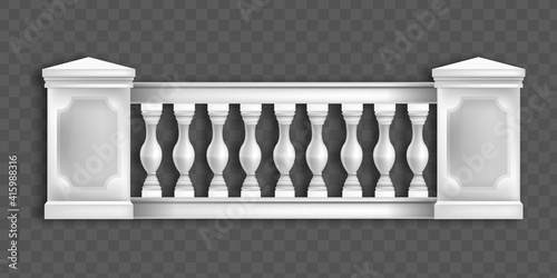 White marble balustrade, classic European architecture balcony, handrail front view on transparent background. Greek, roman palace railing, garden, backyard exterior object. Ancient marble balustrade
