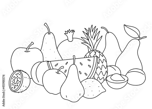 Fruit. Still life with different fruits, black outlines for kids coloring, outlined design. Vector black and white illustration