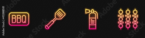 Set line Fire extinguisher, Barbecue, Spatula and Grilled shish kebab. Glowing neon icon. Vector.