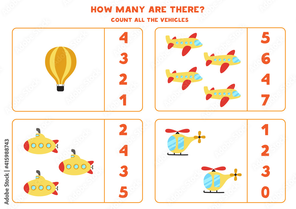 Obraz premium Math game. Count all vehicles. Transportation themed games.