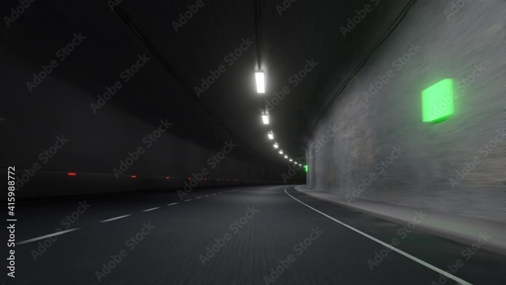 Point of view ride through city tunnel road in the night. Realistic cgi