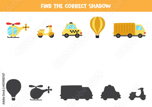 Find the correct shadow of vehicles. Logical puzzle for kids.
