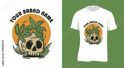 skull and marijuana illustration in vintage style for t-shirt