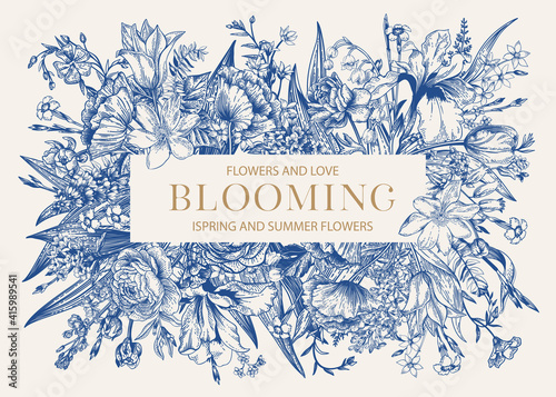 Floral frame. Blooming. Blue.