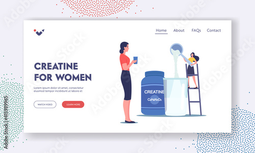 Creatine for Women Landing Page Template. Tiny Female Character Pour Powder for Making Cocktails in Shaker in Gym