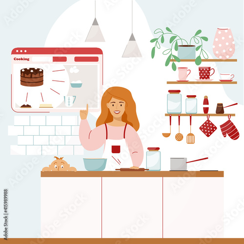 Cool vector illustration. Blogger mom prepares food. A child is nearby. The screen that shows the recipe. Kitchen interior in clean, pleasant colors. Shelf with flower, vase, cups and kitchen utensils