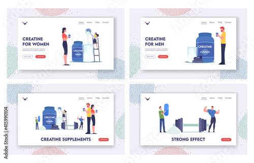 Characters Drink Cocktail with Creatine Supplement in Gym Landing Page Template Set. Sportive Nutrition, Bodybuilding