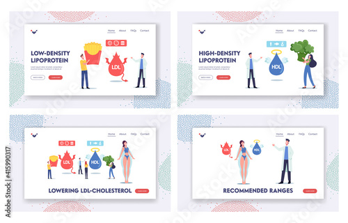Good or Bad Cholesterol Landing Page Template Set. Tiny Characters with Products Contain Hdl and Ldl Fats Obesity Reason