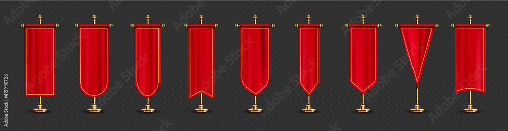 Red long pennant flags different shapes on gold stand. Vector realistic template of blank textile pennons on golden pole for sport teams, varsity or heraldic symbols isolated on transparent background Red long pennant flags different shapes on gold stand. Vector realistic template of blank textile pennons on golden pole for sport teams, varsity or heraldic symbols isolated on transparent background