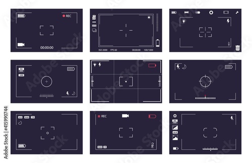 Interface viewfinder digital photo video camera settings set. Widescreen with ui element snapshot mode time indicator, recording label, battery icon, focus, flash vector illustration isolated on white