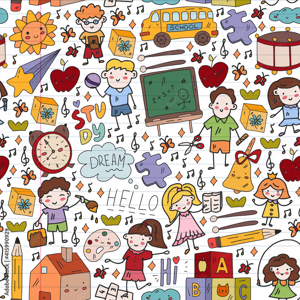 Vector pattern. School and online education. Little boys and girls play and grow together.