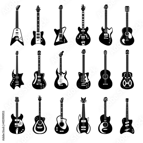 Electric and acoustic guitar music instrument silhouette set. Concert musical bass, jazz, pop, heavy metal, classical stringed musician equipment vector illustration isolated on white background