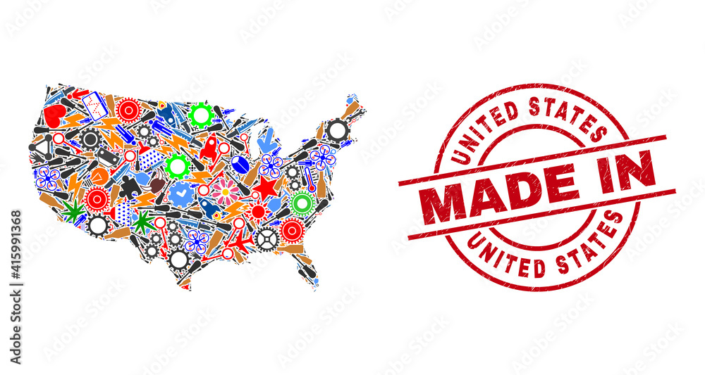 Obraz premium Science United States map mosaic and MADE IN grunge stamp seal. United States map mosaic formed from wrenches, cogs, tools,, keys, airplanes, power sparks, helmets.
