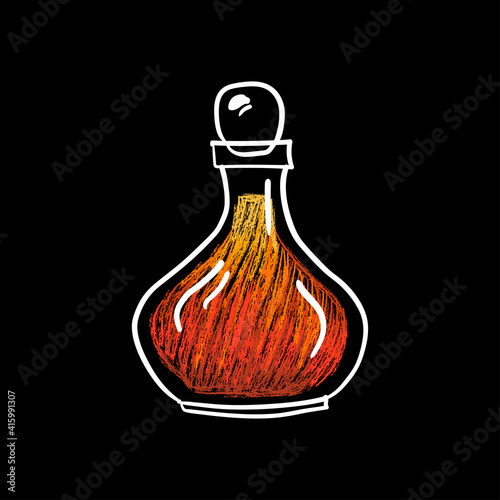 Hand drawn vector glass bottle with colorful magic potion, witchcraft