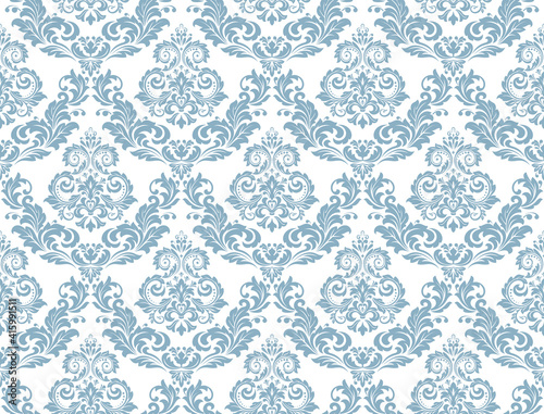 Wallpaper in the style of Baroque. Seamless vector background. White and blue floral ornament. Graphic pattern for fabric, wallpaper, packaging. Ornate Damask flower ornament