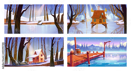 Set of winter landscape backgrounds with wooden houses, frozen swamp, forest lake and pier. Shack on piles in deep wood, witch hut, computer game wintertime natural scenes, Cartoon vector illustration