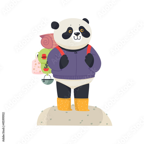 Funny panda on a hilke. Flat vector illustration. photo