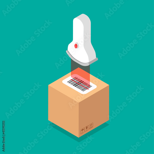 Isometric design of box with barcode sticker on top. Scanning barcode label sticker. Vector illustration isolated.