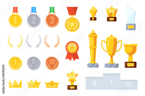 Winner award prize for business achievement or sport success. Insignia medal ribbon, trophy goblet, star and laurel wreath silver, gold or gilded corporate reward vector illustration isolated on white photo