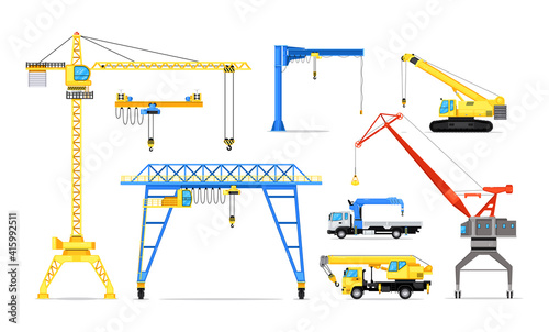 Truck crane and tower mechanism industrial machinery set. Tall power freight lifting vehicle and cargo loading machine with derrick and hook vector illustration isolated on white background