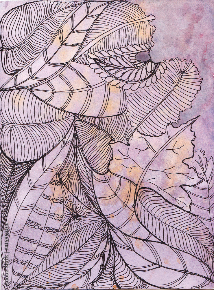 Abstraction from leaves watercolor illustration. Freehand sketch drawing on textured watercolor paper. Long line motif
