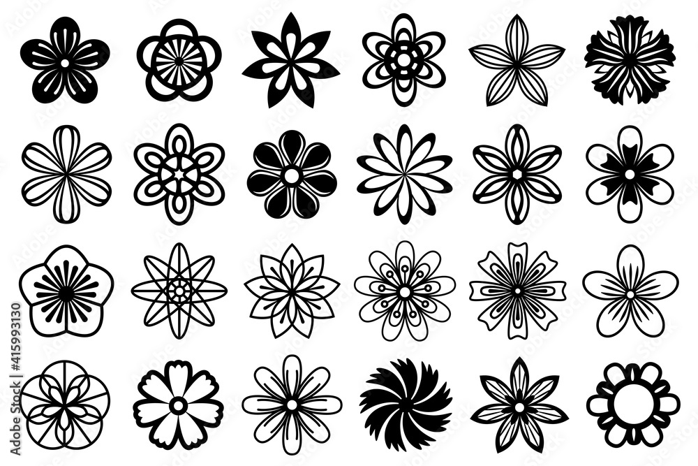 Vector floral set. Collection of black flat floral illustrations. Abstract stylizet cut out flowers. Comfortable for cut and silhouette crafts Vector floral set. Collection of black flat floral illustrations. Abstract stylizet cut out flowers. Comfortable for cut and silhouette crafts