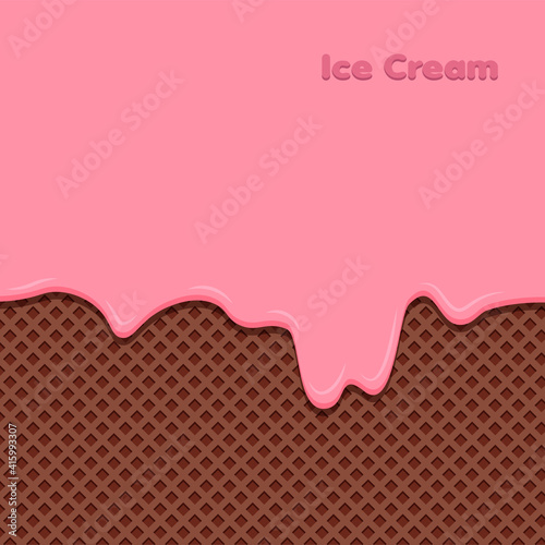 Strawberry cream melted on chocolate waffle background. Sweet ice cream background. Vector illustration