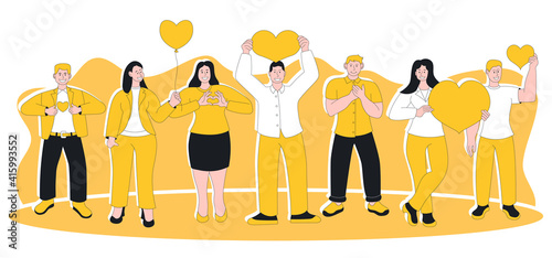People feeling sincere grateful and appreciation emotion. Pleased positive happily smiling man woman with hand on chest and heart showing gratitude and kindness expression vector illustration photo