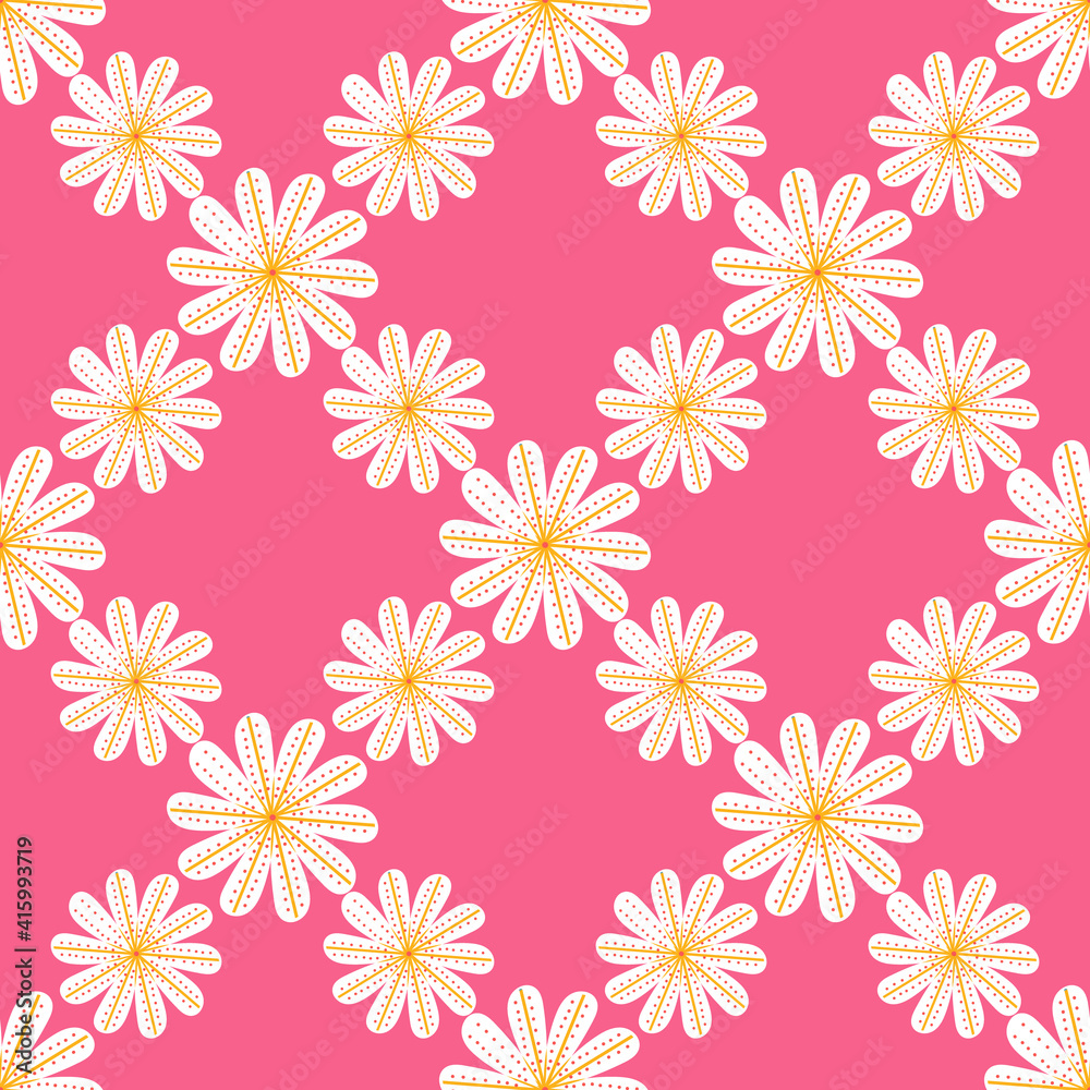 White daisies with a pattern of circles on a red background White daisies with a pattern of circles on a red background