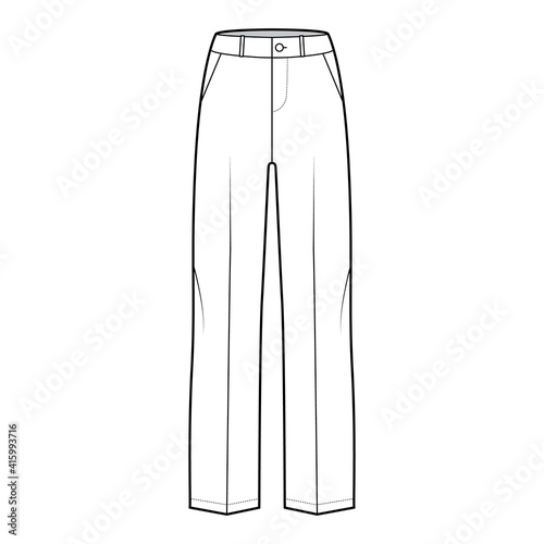 Pants tailored technical fashion illustration with low waist, rise, full length, slant slashed pockets, belt loops. Flat bottom trousers apparel template front, white color. Men unisex CAD mockup