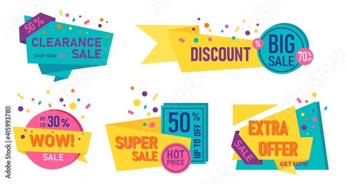 Wow clearance sale, extra offer and discount sticker tag set. Price reduction and rebate advertisement message, store bargain purchase, cheap shopping vector illustration isolated on white background