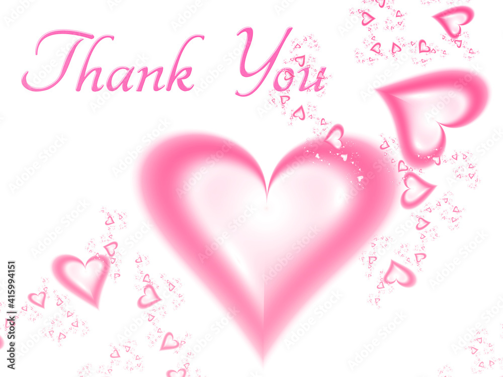 Thank you lettering on a white background with garlands of fractal hearts