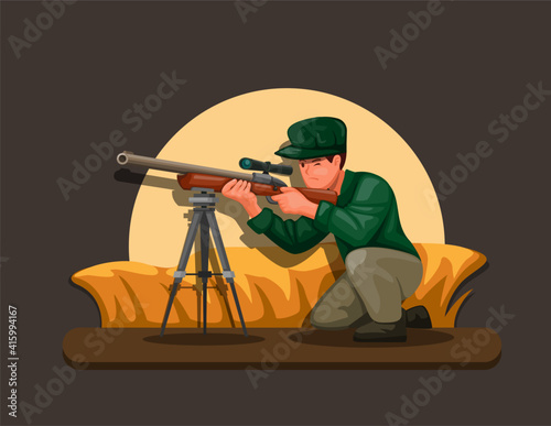 Sniper hiding in bushes shooting target character illustration concept cartoon vector