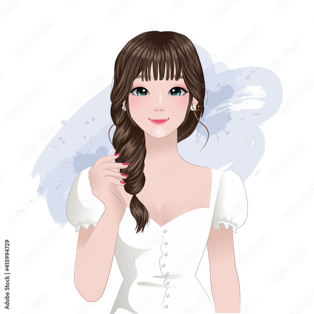 Sweet looking Asian girl with braid hairstyle. Beautiful feminine woman character design