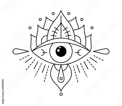 Vector illustration line art mystic eye tattoo. Providence sight witchcraft symbol. Evil eye amulet geometric ornament. Esoteric sign. Boho design. Sacred geometry spirituality, occultism, mystical.