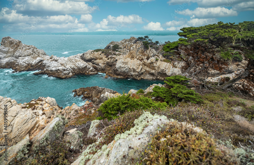 Beautiful landscape, view rocky Pacific Ocean coast at Point Lobos State Reserve in Carmel, California. Beautiful landscape, view rocky Pacific Ocean coast at Point Lobos State Reserve in Carmel, California.