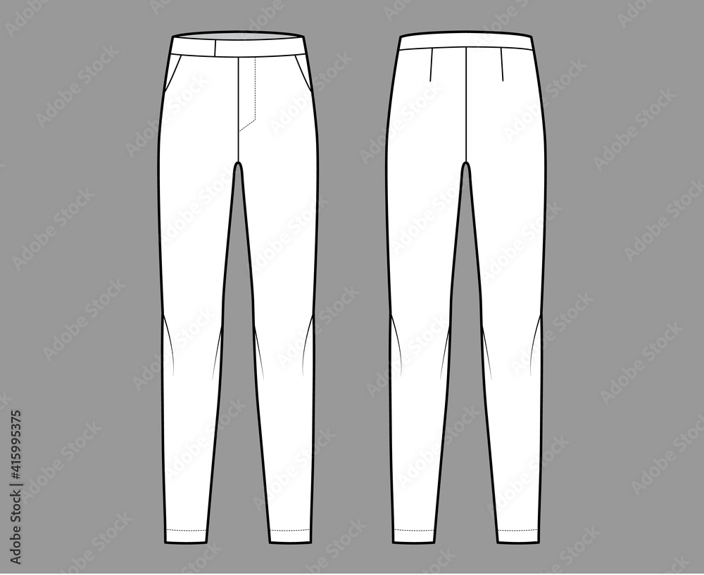 Pants cigarette technical fashion illustration with extended low waist, rise, full length, slant slashed pockets. Flat trousers apparel template front, back, white color. Women men unisex CAD mockup Pants cigarette technical fashion illustration with extended low waist, rise, full length, slant slashed pockets. Flat trousers apparel template front, back, white color. Women men unisex CAD mockup