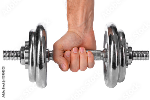 a silver colored metal dumbbell with a hand holding it on a white insulated background